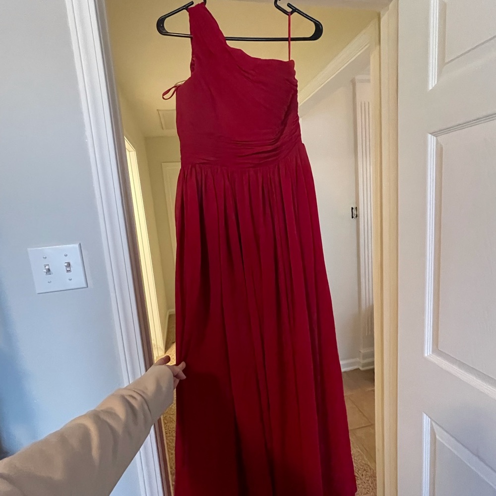 Simply Bridal one shoulder bridesmaids dress. Size 6. Color: Sangria